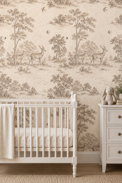 Deer And Birds Wallpaper Sepia Toile Forest Scene
