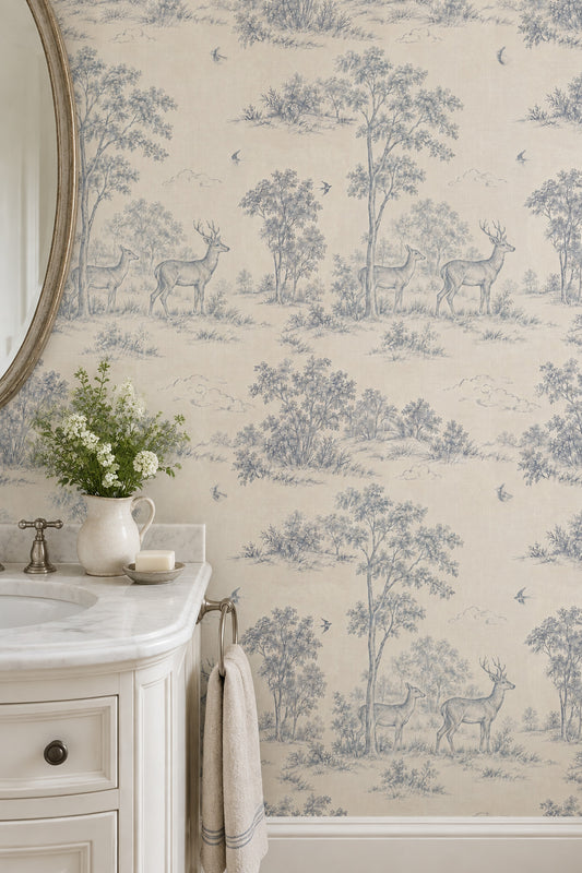 Deer And Birds Toile Wallpaper Blue And Cream Woodland Scene