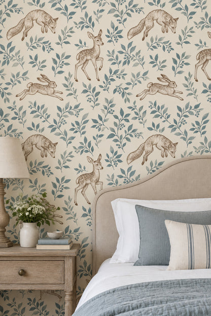 Fox Deer And Rabbit Wallpaper Vintage Woodland Toile Cream