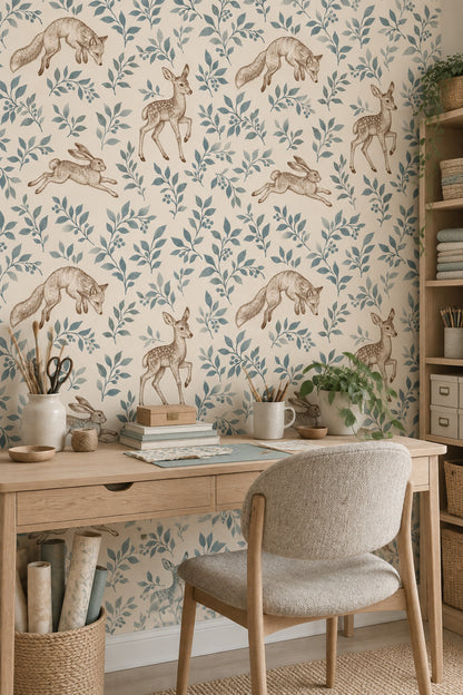 Fox Deer And Rabbit Wallpaper Vintage Woodland Toile Cream
