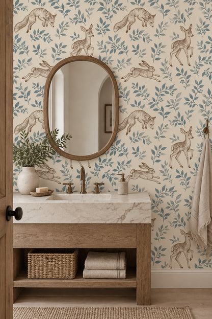 Fox Deer And Rabbit Wallpaper Vintage Woodland Toile Cream