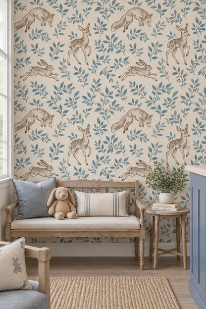 Fox Deer And Rabbit Wallpaper Vintage Woodland Toile Cream