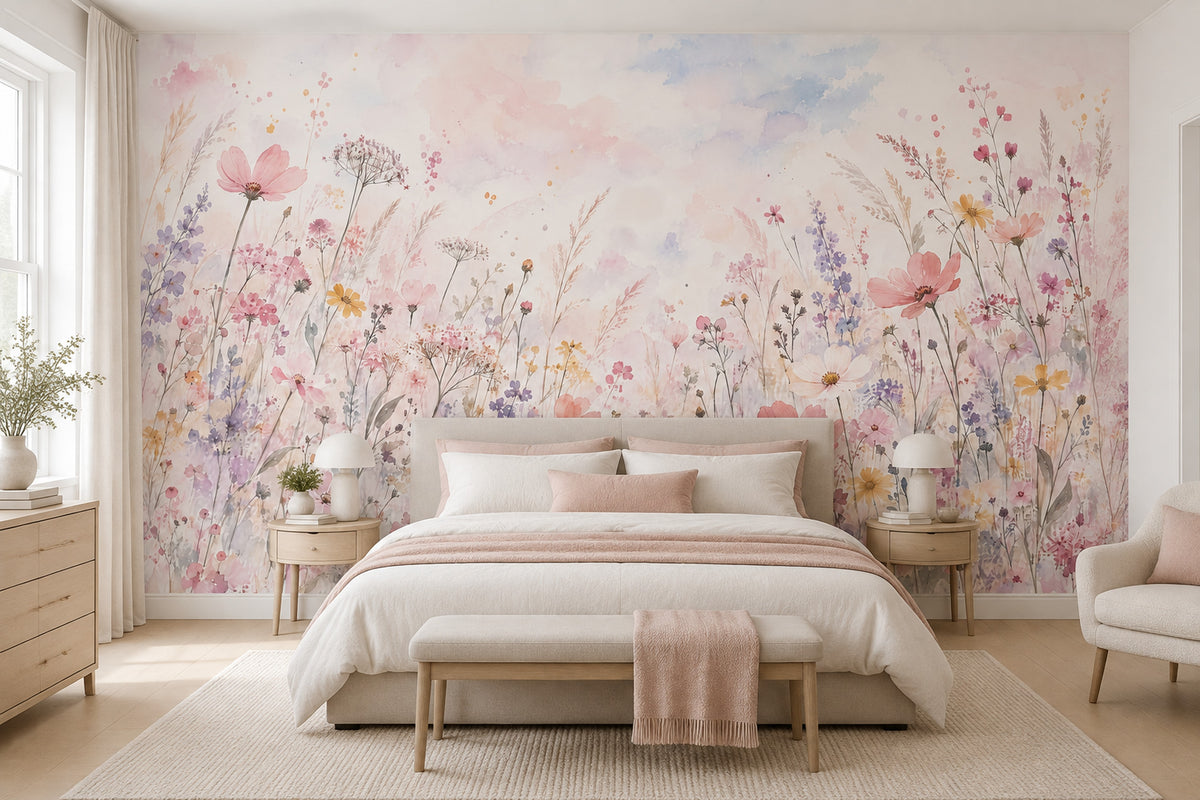 Watercolor Wildflowers Wallpaper Pastel Botanical Wall Mural