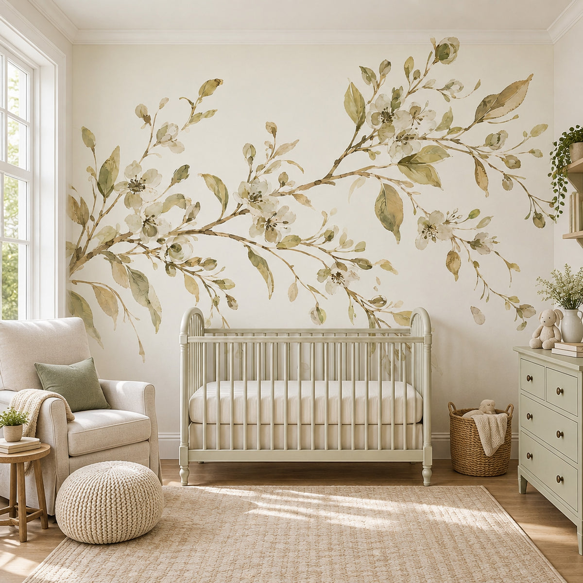 White Blossom Branch Wallpaper Watercolor Botanical Wall Mural