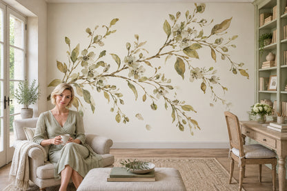 White Blossom Branch Wallpaper Watercolor Botanical Wall Mural