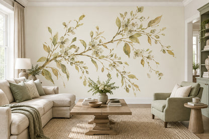 White Blossom Branch Wallpaper Watercolor Botanical Wall Mural