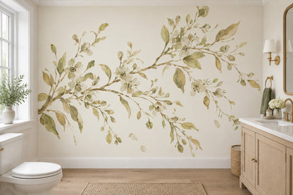 White Blossom Branch Wallpaper Watercolor Botanical Wall Mural