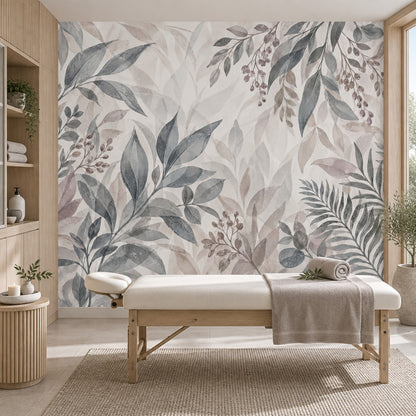 Watercolor Leaves Wallpaper Muted Gray Botanical Wall Mural
