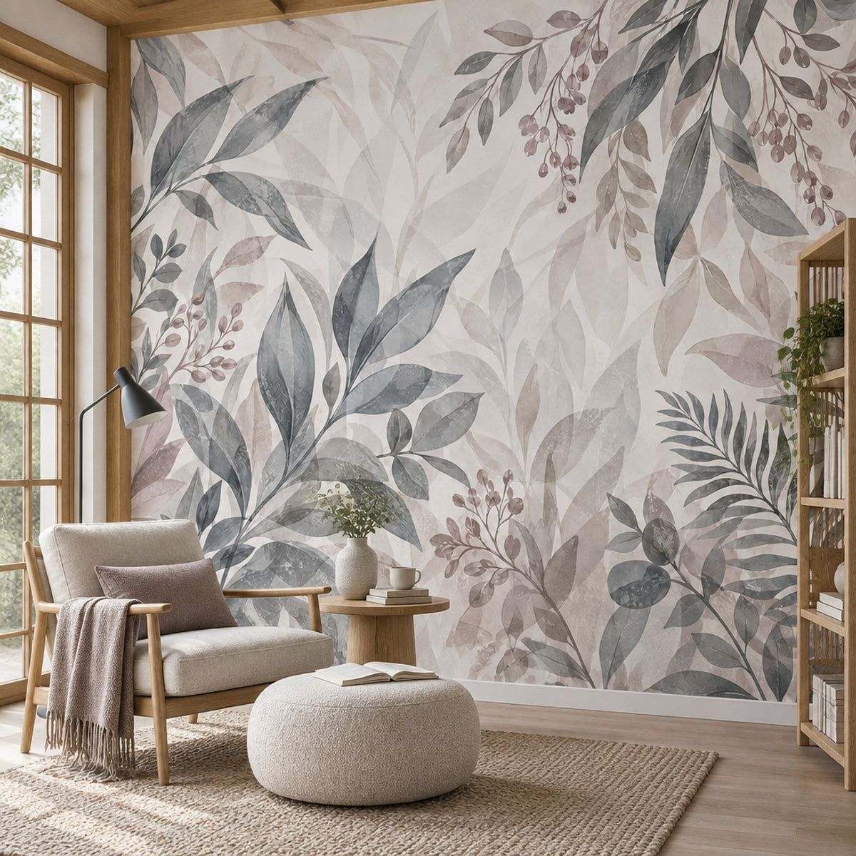Watercolor Leaves Wallpaper Muted Gray Botanical Wall Mural