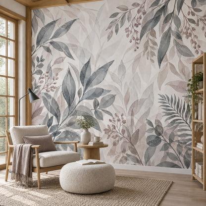 Watercolor Leaves Wallpaper Muted Gray Botanical Wall Mural