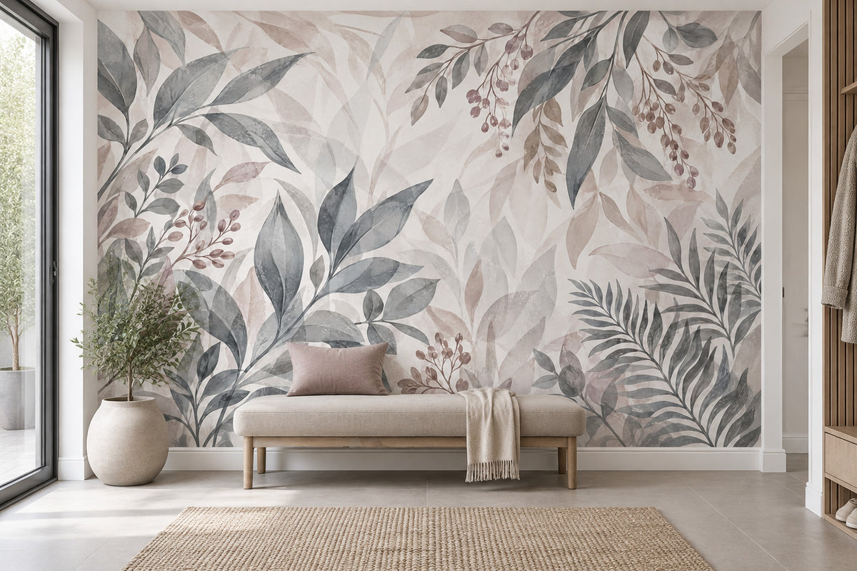 Watercolor Leaves Wallpaper Muted Gray Botanical Wall Mural