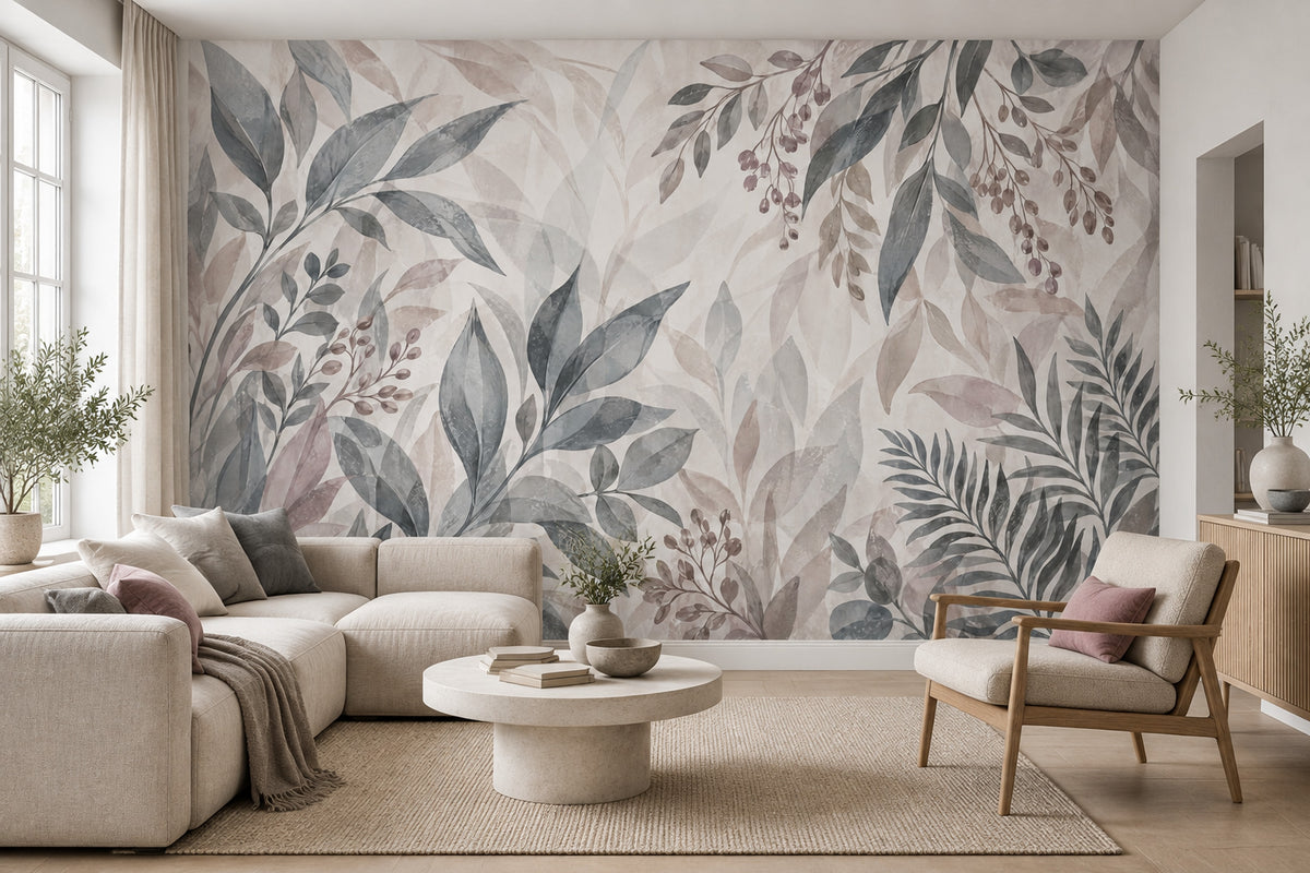Watercolor Leaves Wallpaper Muted Gray Botanical Wall Mural