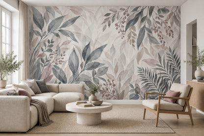 Watercolor Leaves Wallpaper Muted Gray Botanical Wall Mural