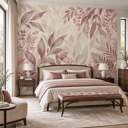 Pink Berry Branches Wallpaper Watercolor Leaves Wall Mural