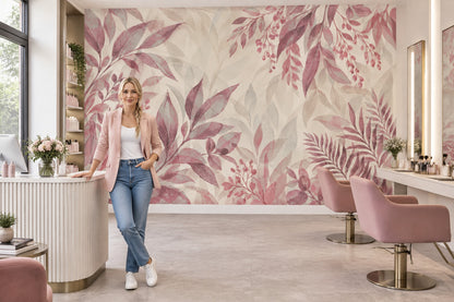 Pink Berry Branches Wallpaper Watercolor Leaves Wall Mural