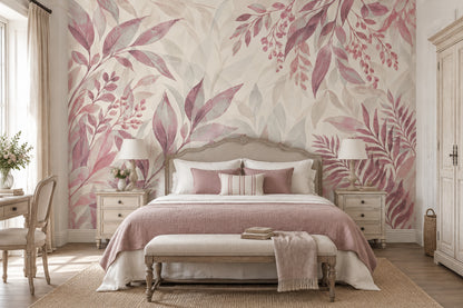 Pink Berry Branches Wallpaper Watercolor Leaves Wall Mural