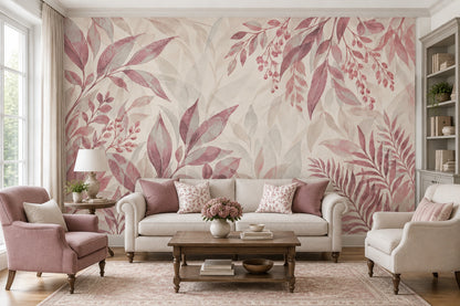 Pink Berry Branches Wallpaper Watercolor Leaves Wall Mural
