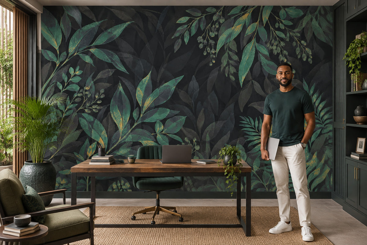 Green Tropical Leaves Wallpaper Gold Accents Wall Mural
