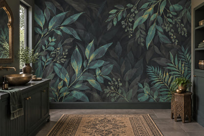 Green Tropical Leaves Wallpaper Gold Accents Wall Mural
