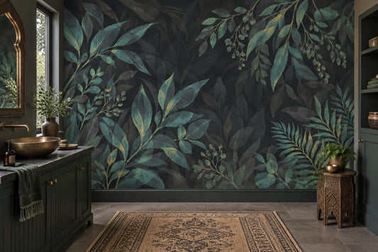 Green Tropical Leaves Wallpaper Gold Accents Wall Mural