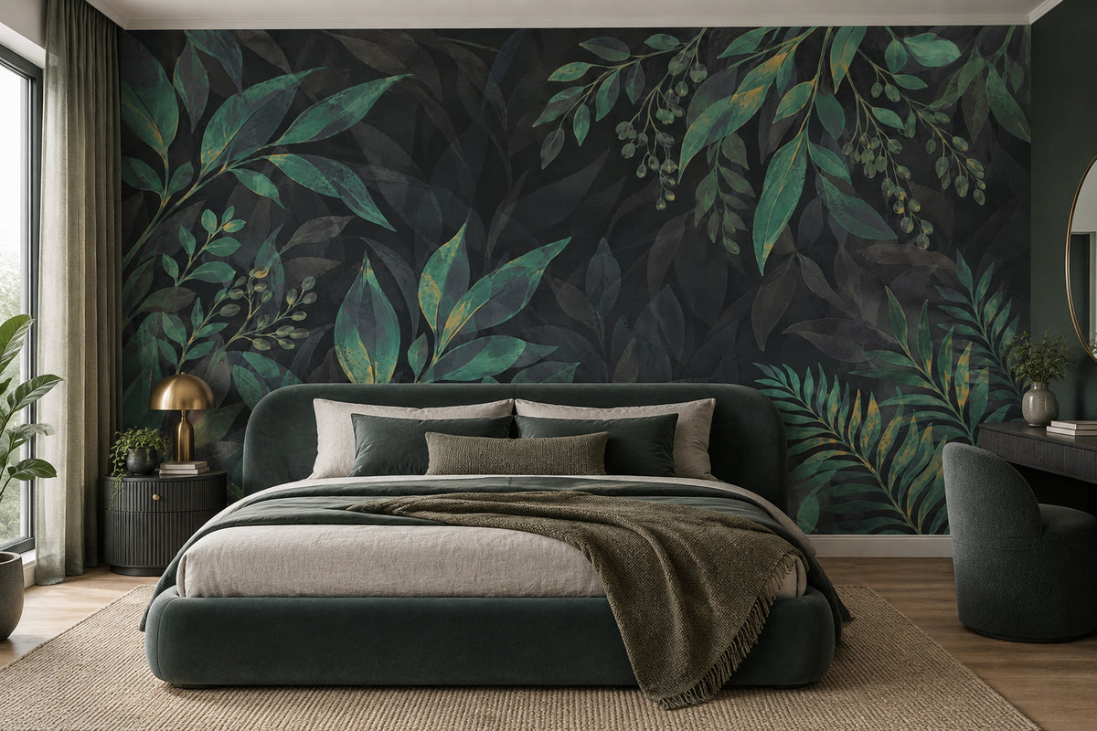 Green Tropical Leaves Wallpaper Gold Accents Wall Mural