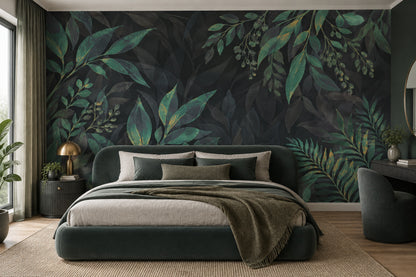 Green Tropical Leaves Wallpaper Gold Accents Wall Mural