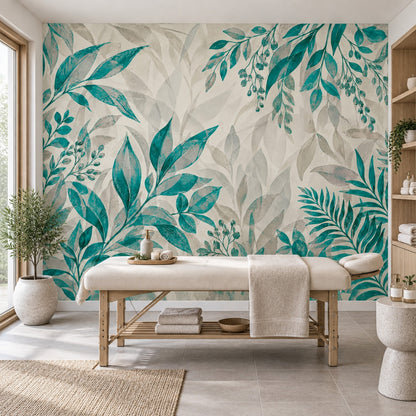 Teal Leaf Branches Wallpaper Watercolor Botanical Wall Mural
