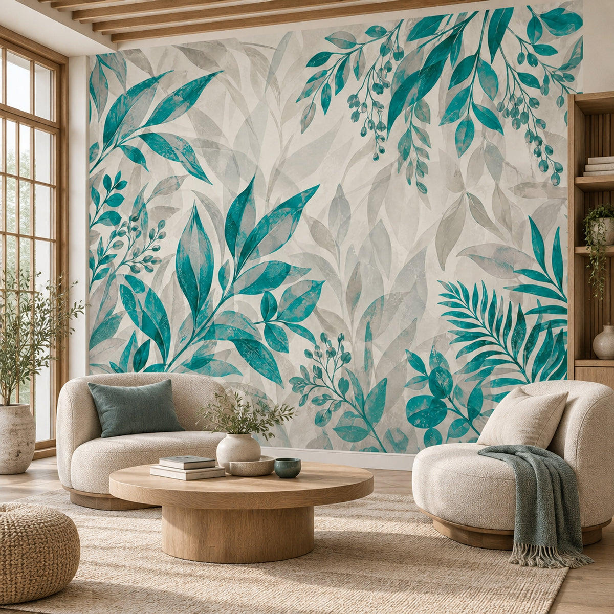 Teal Leaf Branches Wallpaper Watercolor Botanical Wall Mural