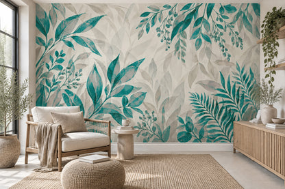 Teal Leaf Branches Wallpaper Watercolor Botanical Wall Mural
