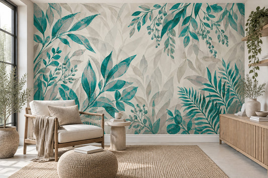 Teal Leaf Branches Wallpaper Watercolor Botanical Wall Mural