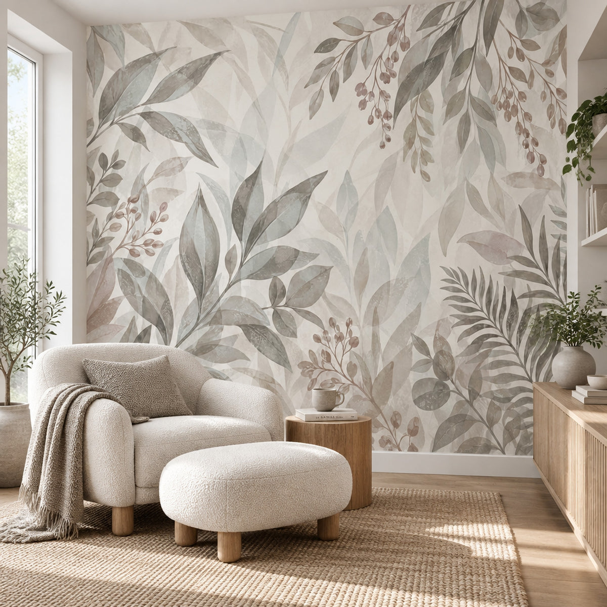 Watercolor Leafy Branches Wallpaper Neutral Botanical Wall Mural