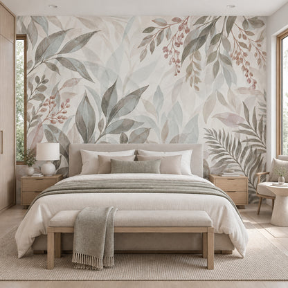 Watercolor Leafy Branches Wallpaper Neutral Botanical Wall Mural