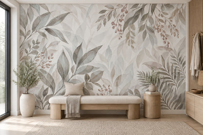 Watercolor Leafy Branches Wallpaper Neutral Botanical Wall Mural