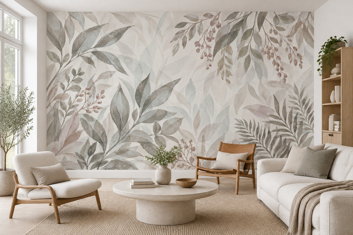 Watercolor Leafy Branches Wallpaper Neutral Botanical Wall Mural