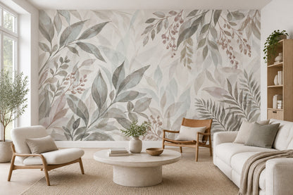 Watercolor Leafy Branches Wallpaper Neutral Botanical Wall Mural