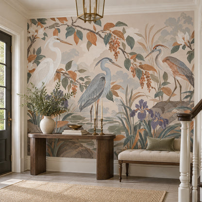 Herons And Iris Pond Wallpaper Muted Green Chinoiserie Wall Mural