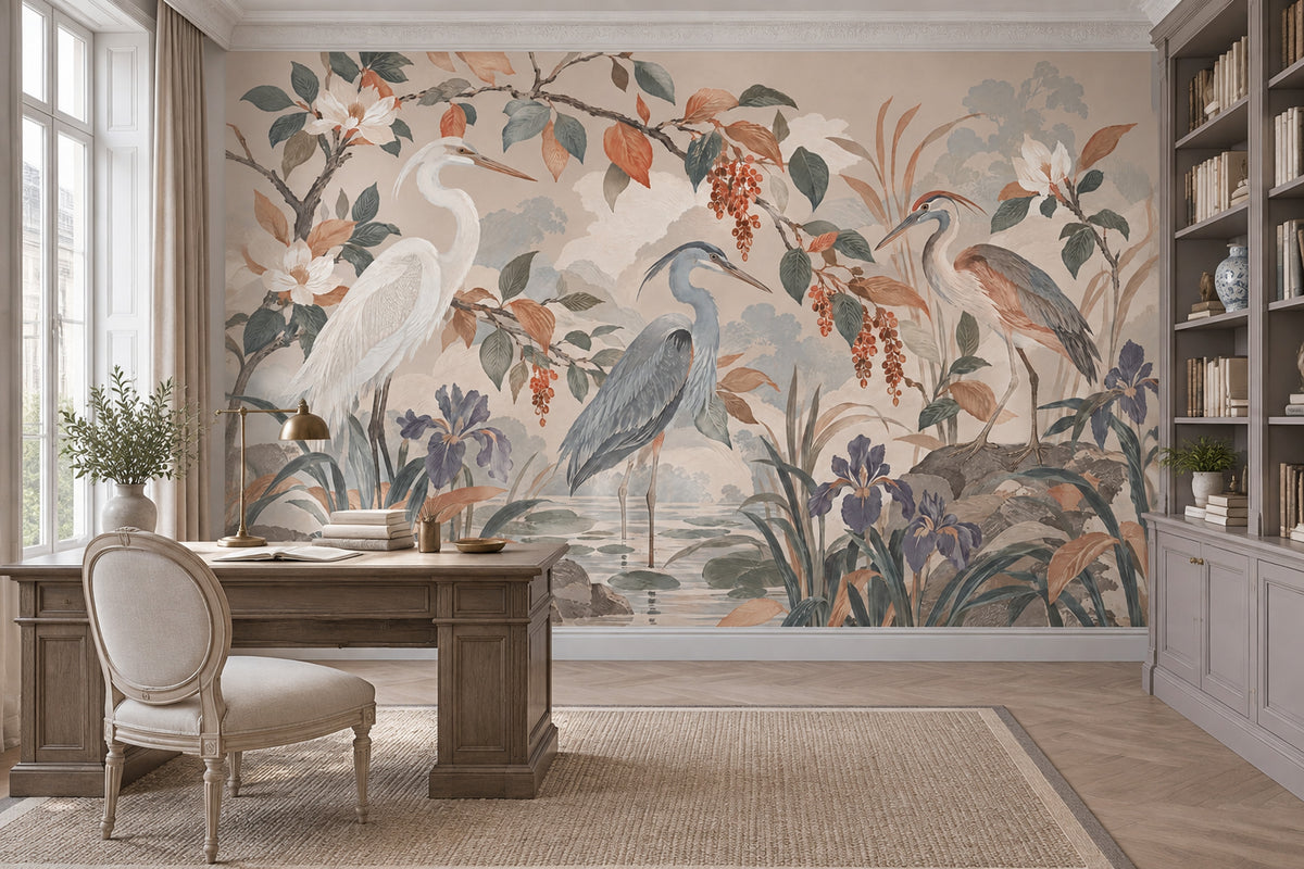 Herons And Iris Pond Wallpaper Muted Green Chinoiserie Wall Mural
