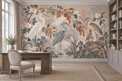 Herons And Iris Pond Wallpaper Muted Green Chinoiserie Wall Mural