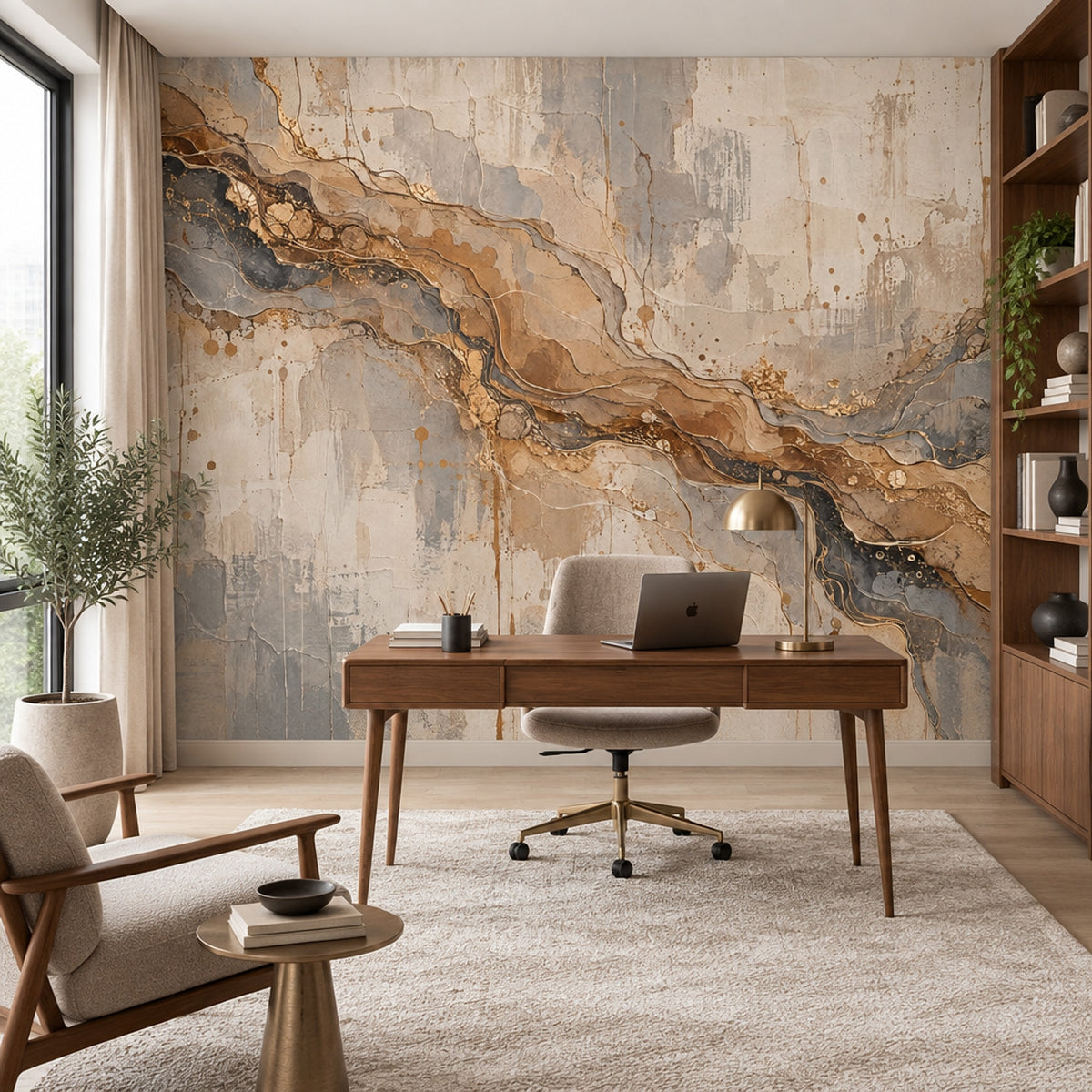 Wavy Marble Veins Wallpaper Gold Line Concrete Texture Wall Mural