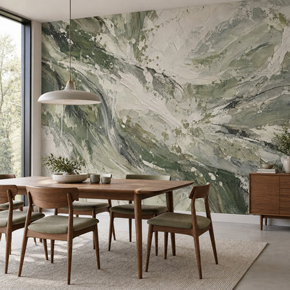 Abstract Botanical Leaves Wallpaper Sage Green Textured Wall Mural