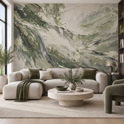 Abstract Botanical Leaves Wallpaper Sage Green Textured Wall Mural