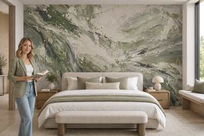 Abstract Botanical Leaves Wallpaper Sage Green Textured Wall Mural