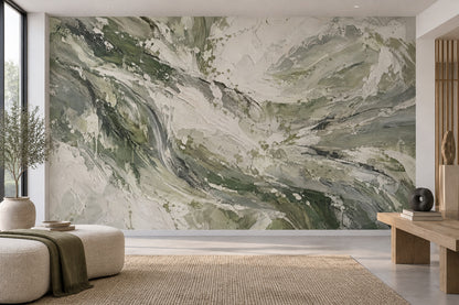 Abstract Botanical Leaves Wallpaper Sage Green Textured Wall Mural