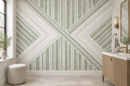 Sage Green Diagonal Stripes Wallpaper Modern Geometric Wall Mural