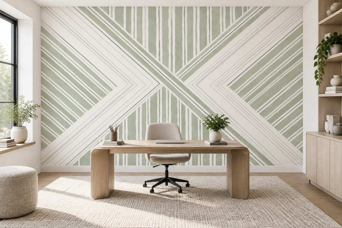 Sage Green Diagonal Stripes Wallpaper Modern Geometric Wall Mural