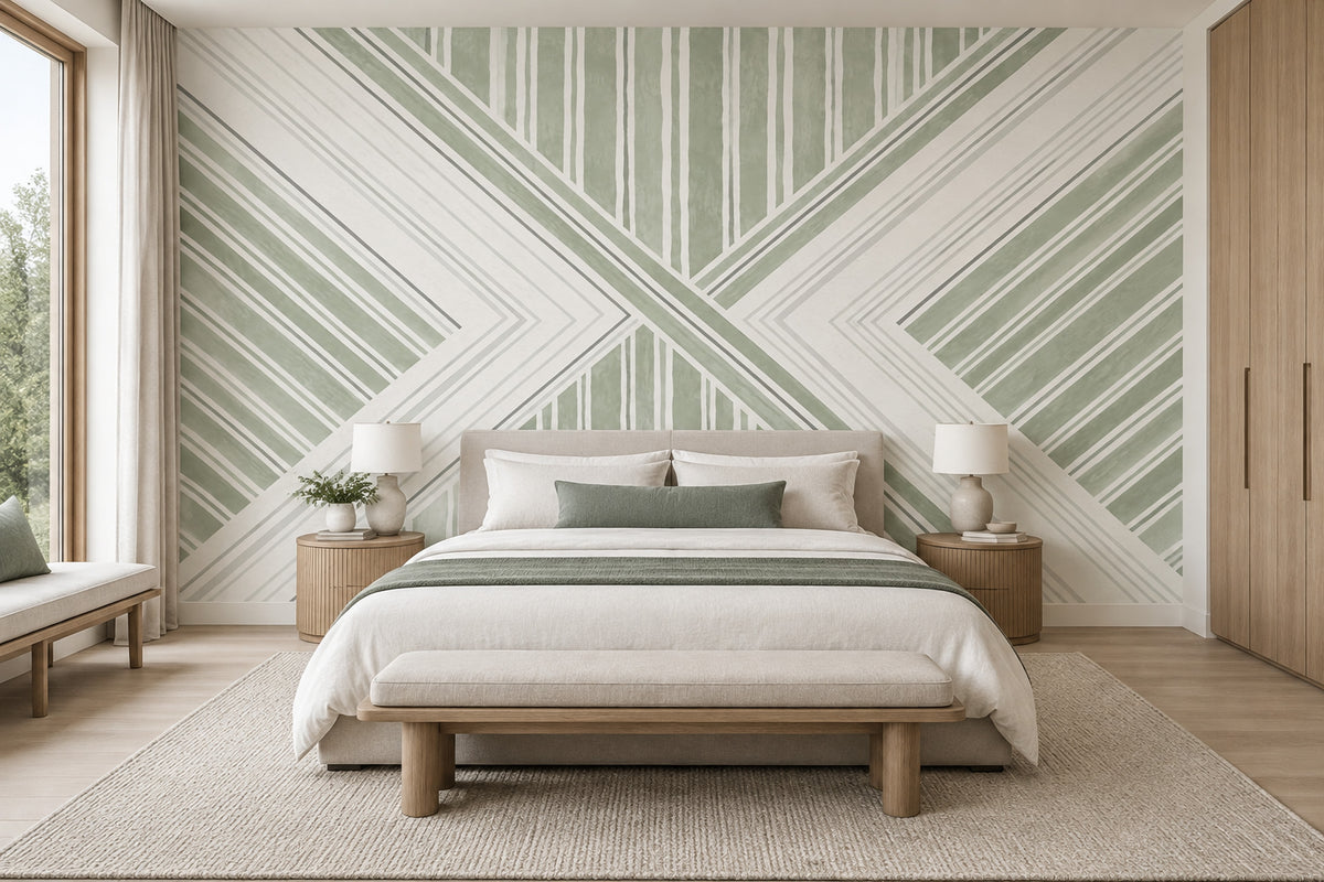 Sage Green Diagonal Stripes Wallpaper Modern Geometric Wall Mural