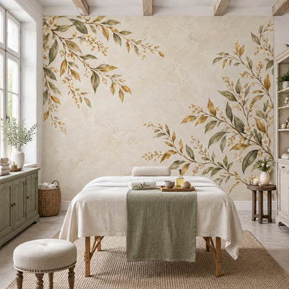 White Blossoms And Olive Leaves Wallpaper Vintage Botanical Wall Mural