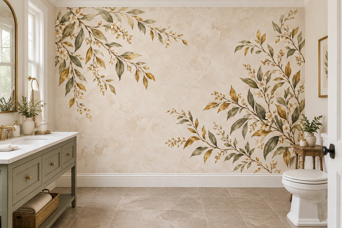 White Blossoms And Olive Leaves Wallpaper Vintage Botanical Wall Mural