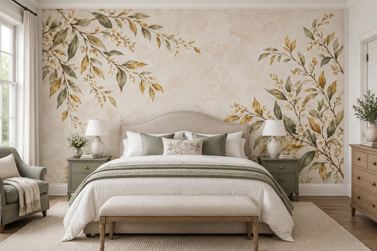 White Blossoms And Olive Leaves Wallpaper Vintage Botanical Wall Mural