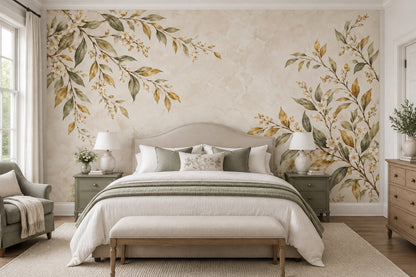 White Blossoms And Olive Leaves Wallpaper Vintage Botanical Wall Mural
